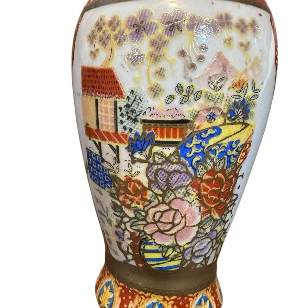 Vintage Satsuma Style Vase Made‎ in China Hand Painted Floral Village 6”